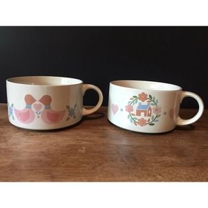 Interpur Vintage Soup Mugs Pennsylvania Dutch Birds Farmhouse 12oz Set of 2